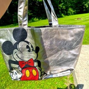 Disney Parks Original Tote Bag Metallic Silver Dual Handles Mickey Mouse